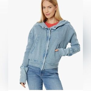 Free People Mason Hoodie Mediterranean Waffle Knit Snap Hooded Size Large NWOT